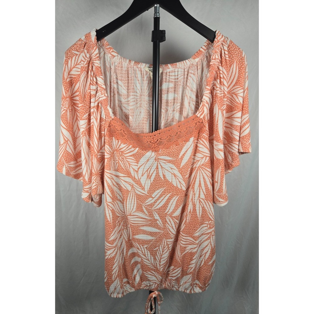 Square Neck Peasant Top Sz 3X Coral Tropical Print Tie Hem Coastal Resort Wear